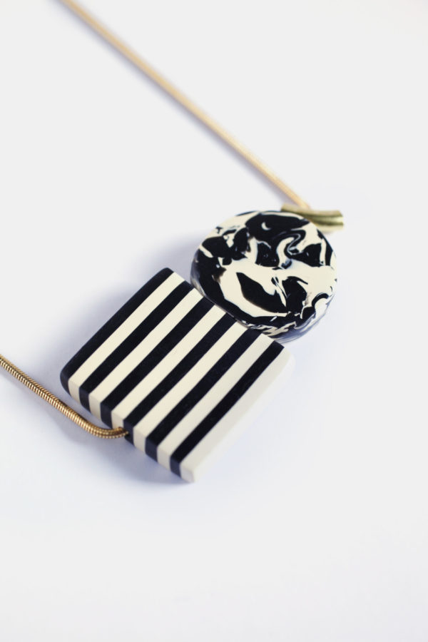 000014B 01 16 3 BATZE BIG BLACK WHITE square circle striped brass contemporary geometric necklace clay yewelry handmade scaled