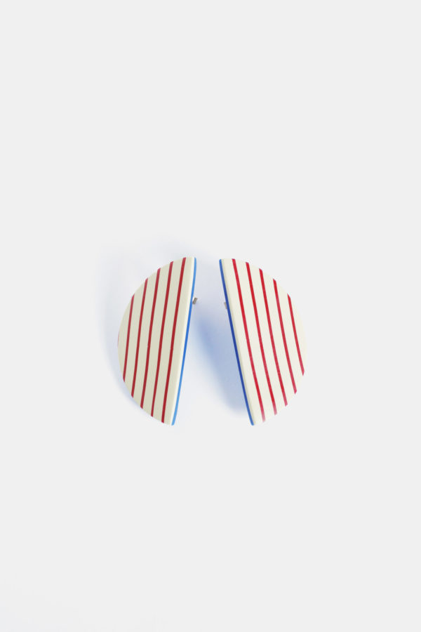 000009B 01 16 1 D BIG RED WHITE BLUE stripes contemporary geometric earring clay yewelry scaled